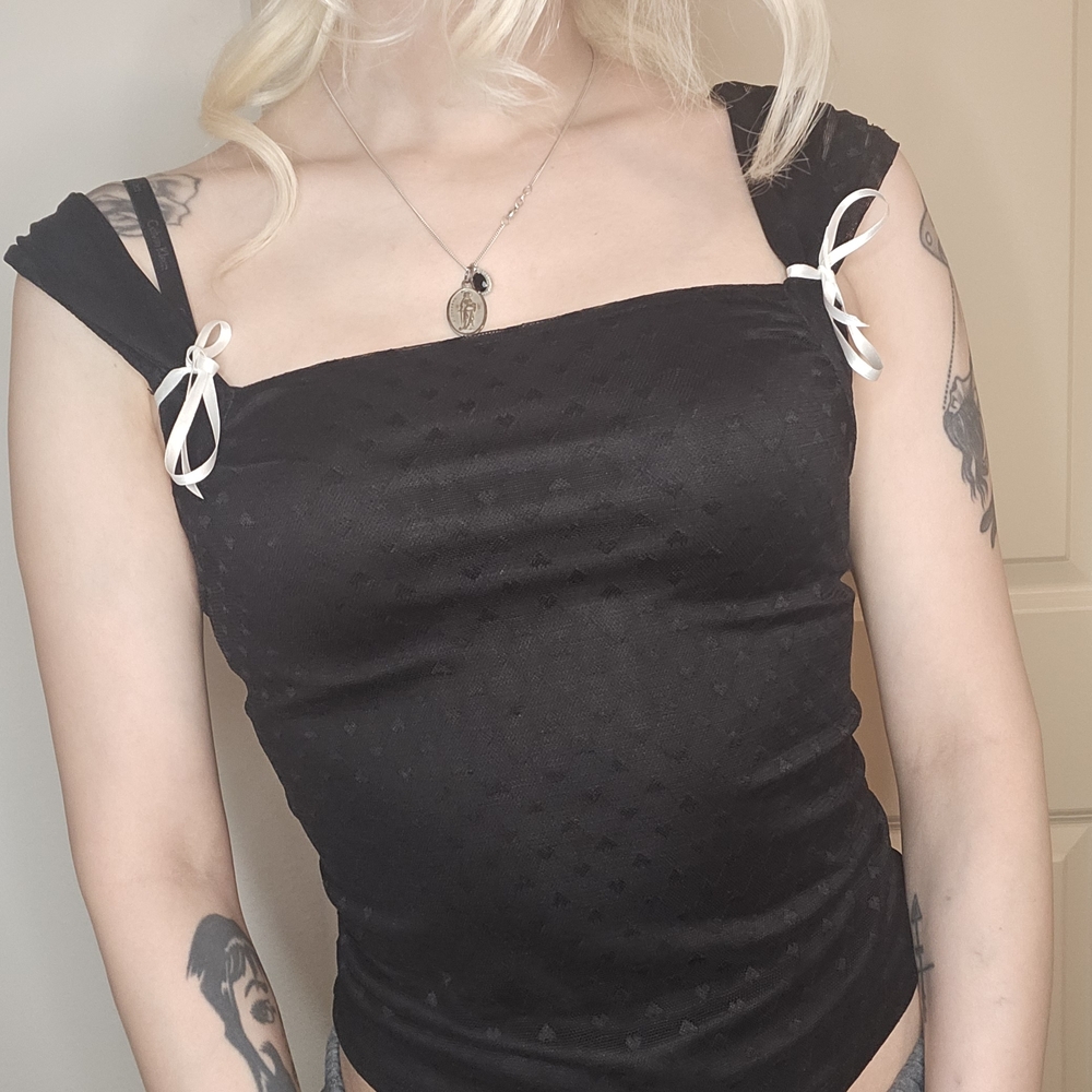 Urban Outfitters Black Crop Top with White Ribbon Accents